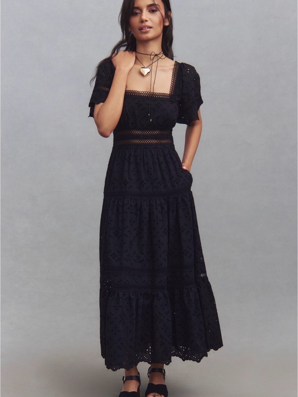 The Violetta Square-Neck Eyelet Midi Dress by Maeve | L